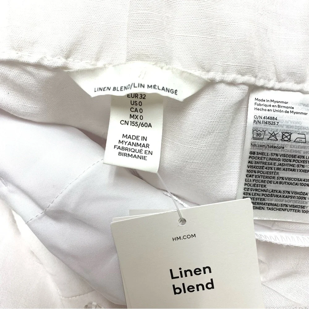 H&M Linen Blend Pleated‎ Tapered Trouser Pants Size 0 White Ankle Length NWT